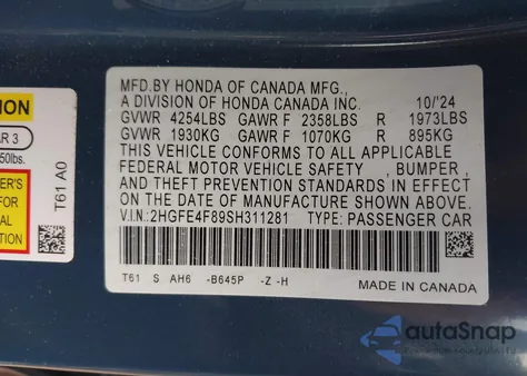 2025 Honda Civic Hybrid Sport/Sport Touring from USA, damaged, VIN 2HGFE4F89SH311281